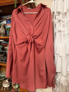 Fashion Nova Rusty Rose Tie-Front Satin Mini Dress